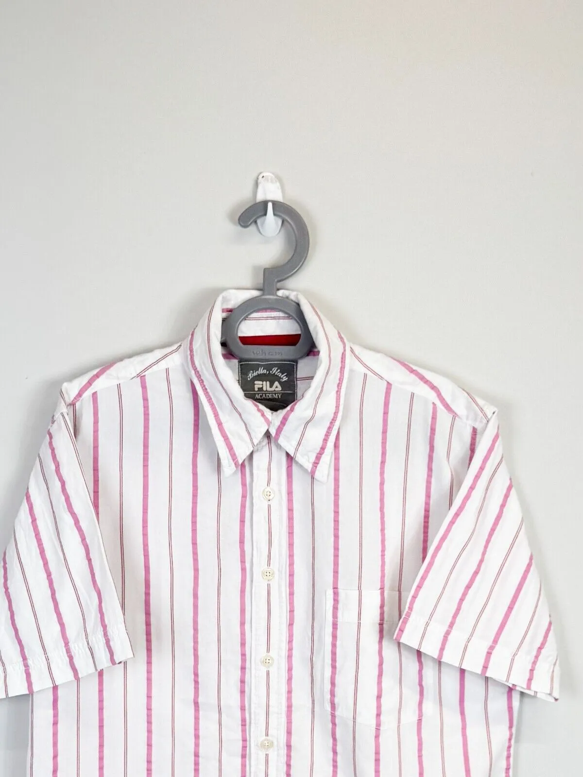 FILA Academy Shirt Men XL Pink White Striped Short Sleeve Collared Button Down