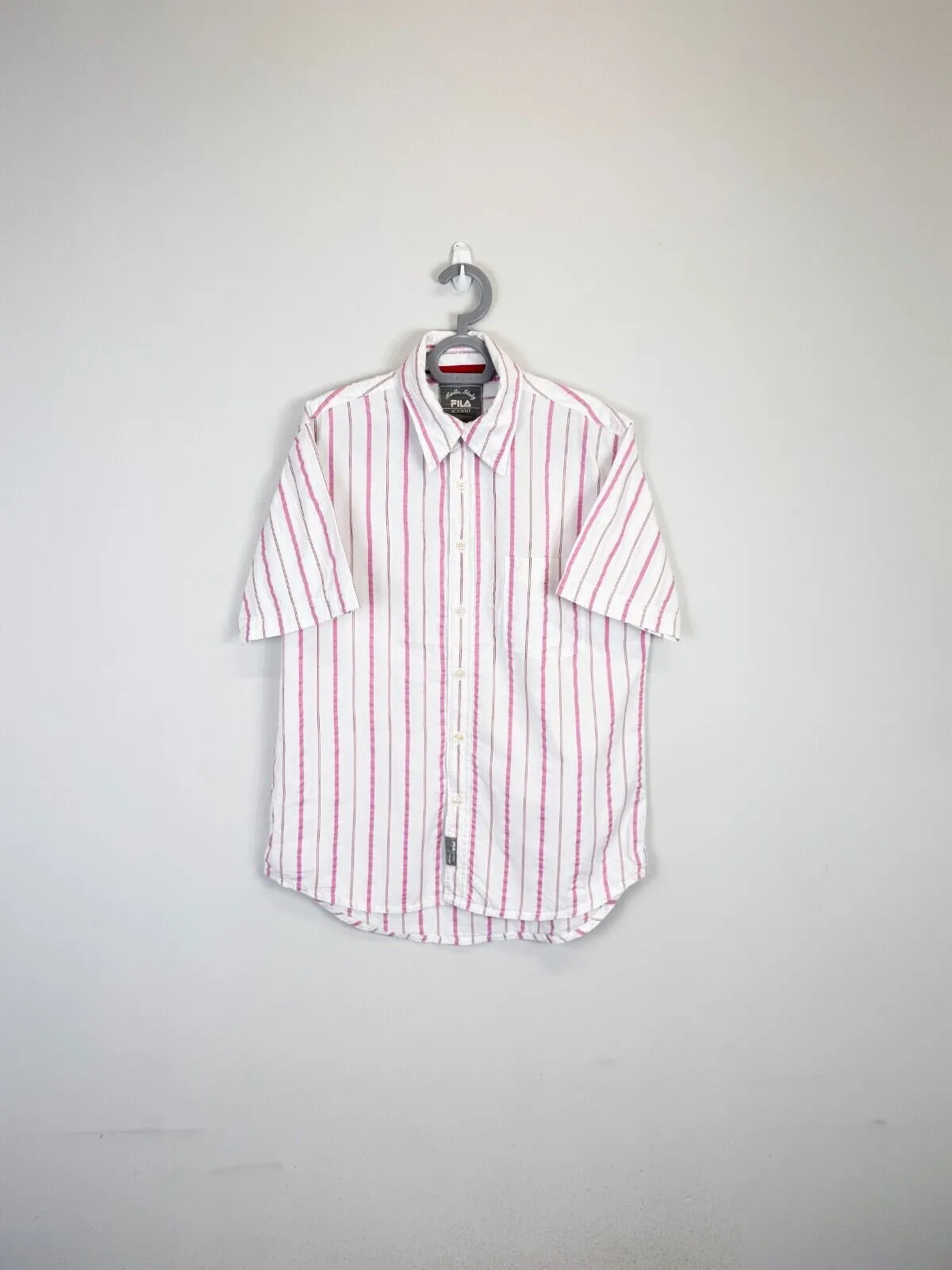 FILA Academy Shirt Men XL Pink White Striped Short Sleeve Collared Button Down