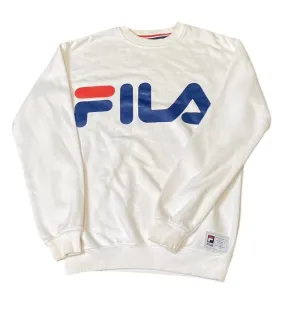 FILA Sweatshirt Men's XS White Fleece Lined Spell Out Long Sleeve Crew Pullover