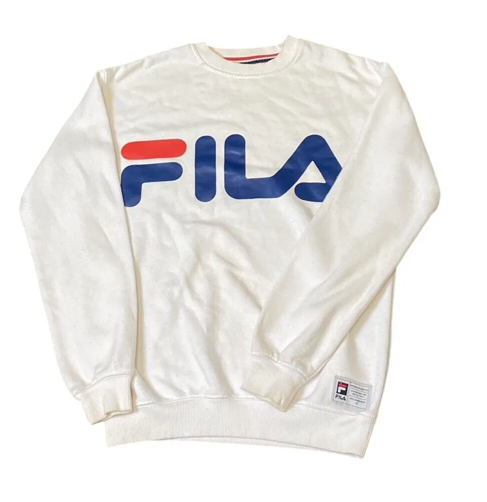 FILA Sweatshirt Men's XS White Fleece Lined Spell Out Long Sleeve Crew Pullover