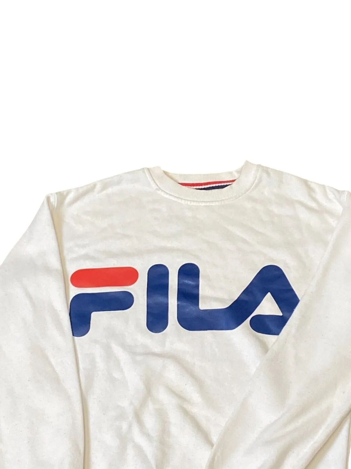FILA Sweatshirt Men's XS White Fleece Lined Spell Out Long Sleeve Crew Pullover