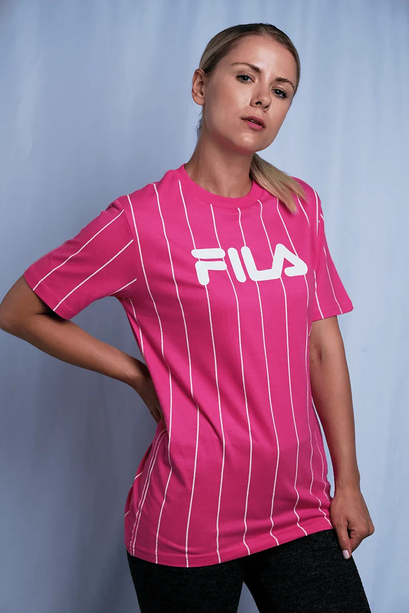 FILA Women's Pink & White Striped Logo S/S T-Shirt (163)