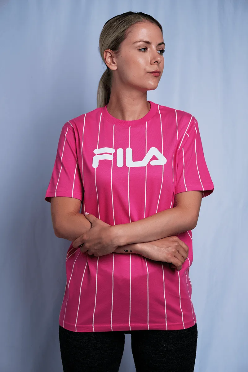 FILA Women's Pink & White Striped Logo S/S T-Shirt (163)