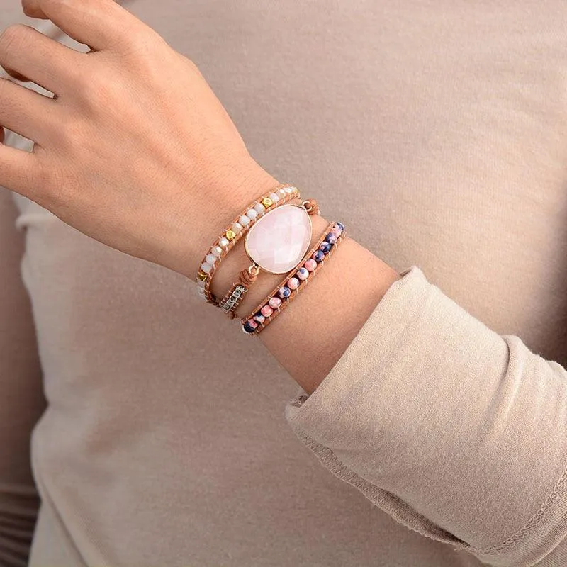 Jasper & Rose Quartz Charm Wrap Bracelet