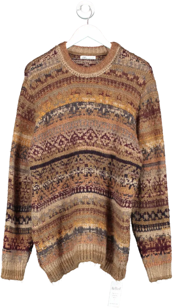 ZARA Brown Knitted Crew Neck Jumper UK L