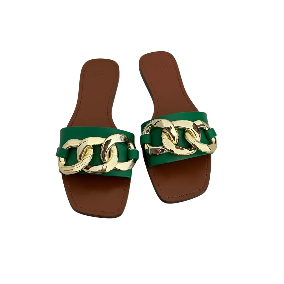 ZARA Green & Gold Metal Flat Slides | Gently Used |