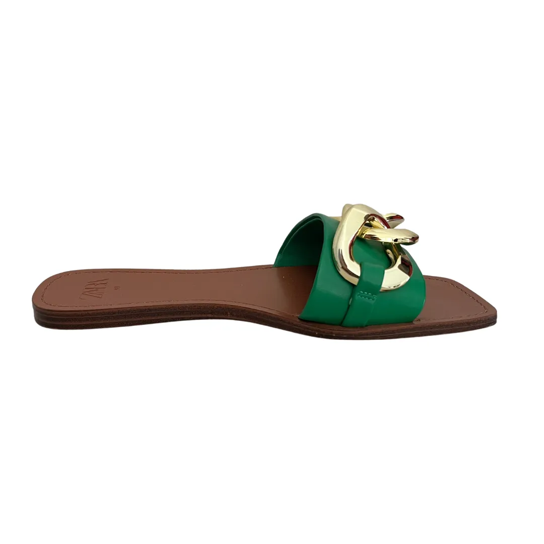 ZARA Green & Gold Metal Flat Slides | Gently Used |