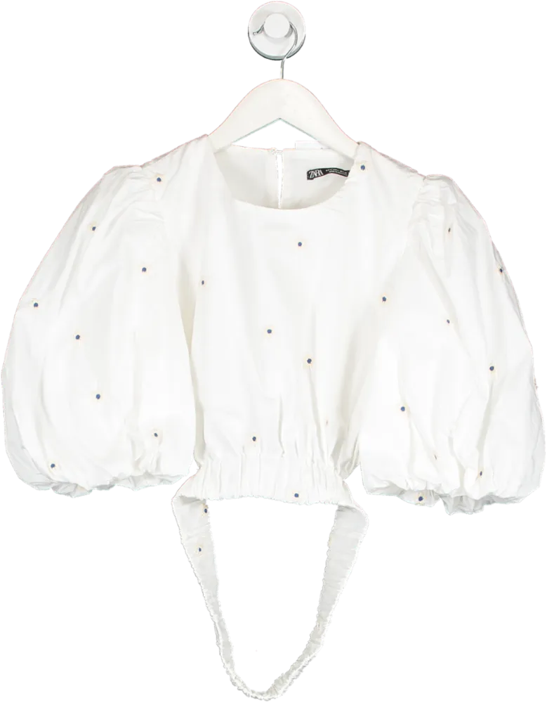 ZARA White Emrbroidered Puff Sleeve Cotton Cropped Top UK L