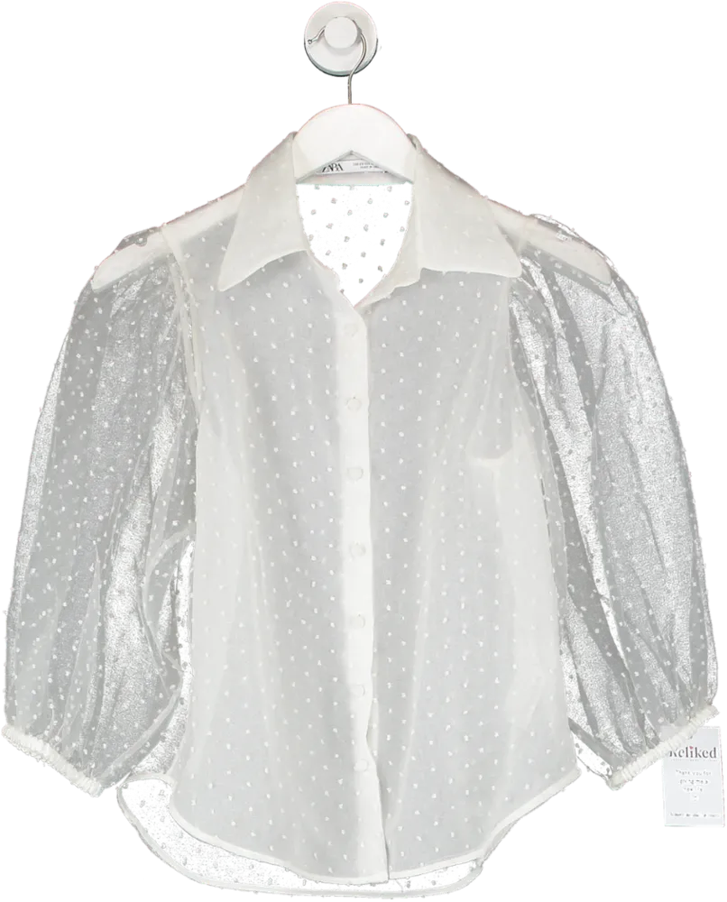 ZARA White Tulle Swiss Dot Puff Sleeve Blouse UK XS